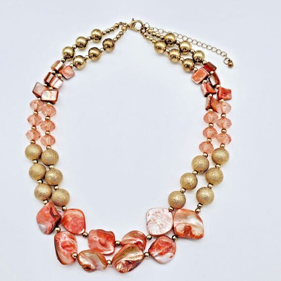 Mother Of Pearl Necklace Coral Double Strand Gold Tone Colorful Statement - Picture 3 of 9